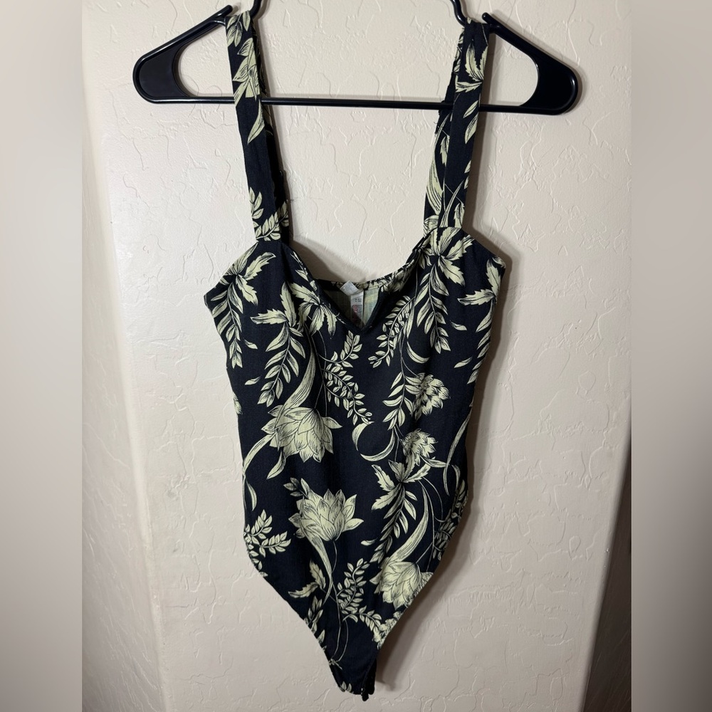 Intimately Free People Floral Bustier Bodysuit Wide Strap Boho Black Cream S